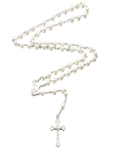 

pendant necklaces alloy christian cross rosary simulation pearl bead necklace for women men catholic religious jewelry7966881, Silver