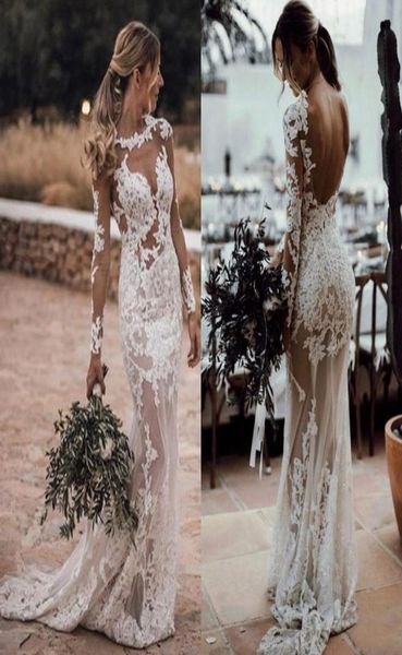 

2021 sheer bohemian sheath wedding dresses jewel neck illusion long sleeves plus size lace appliqued crystal beads backless b9771393, White