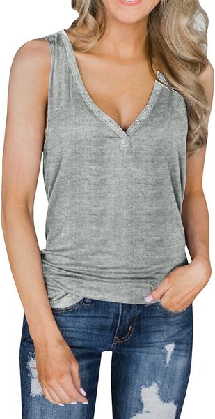

womens v neck tank sleeveless henley shirts button up ribbed long tunic tees, White