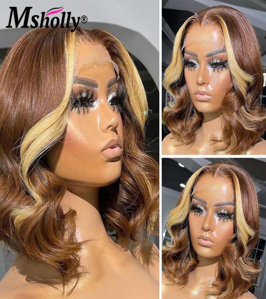 

highlight brown short bob human hair wig pre plucked 13x4 natural wavy lace front transparent synthetic wigs for black women4760341
