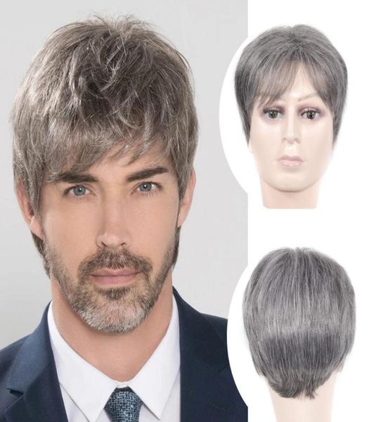 

fancied hair short silver gray synthetic hair wig mens male fleeciness realistic wigs5471920, Black