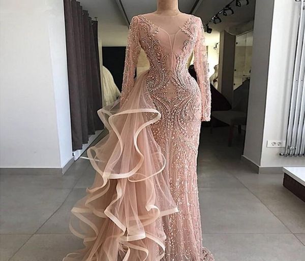 

aso ebi mermaid evening dresses with long sheer neckline ruffles tulle illusion long sleeves prom dress major beading vestidos de 5018934, Black;red