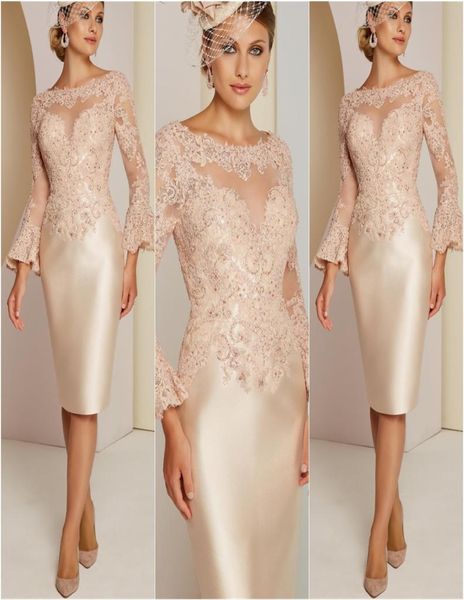

flare long sleeves lace mother of the bride dresses lace applique beaded knee length party gowns mother formal wear plus size1519722, Black;red