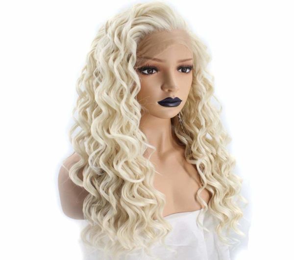 

kinky curly platinum blonde lace front wig synthetic hair long spiral curls natural hairline synthetic lacefront wigs for white wo9940816, Black