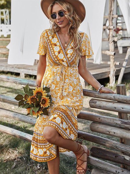 

dresses bohemia floral print butterfly sleeve summer dress women casual vneck high waist midi dress 2022 new women holiday party dress, Black;gray