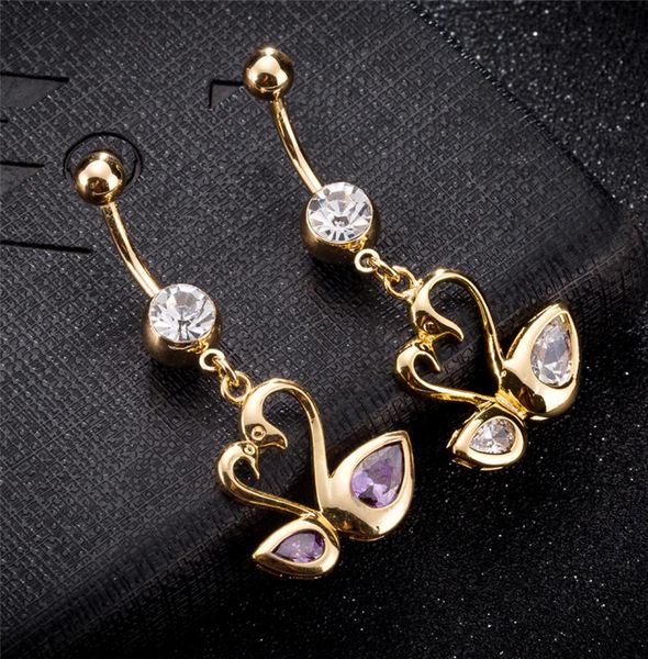 

fashion medical use stainless steel navel piercing belly button ring cubic zirconia sweet swan love hear belly ring for women br22198401, Silver
