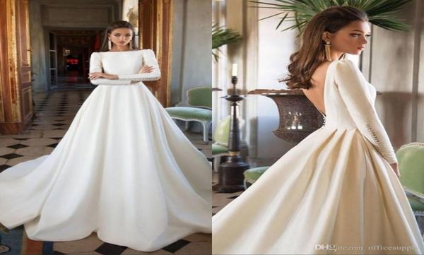 

simple wedding dresses 2023 boat neck long sleeves backless ruffles satin wedding gowns vintage bridal dress1291415, White
