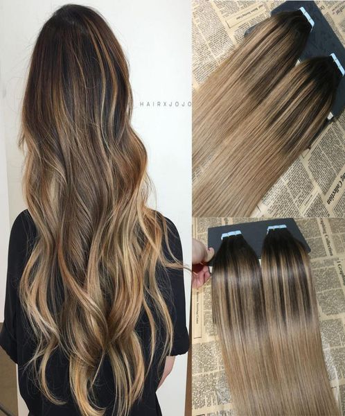 

ombre color 2 dark brown fading to 6 balayage skin weft human hair extensions tape in extensons slik straight 40pcs tape on hair1119692, Black