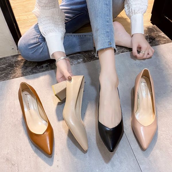 

2021 new womens platform heels shallow pointed toe square heel ladies dress shoes spring/autumn zapatos de mujer pumps, Black