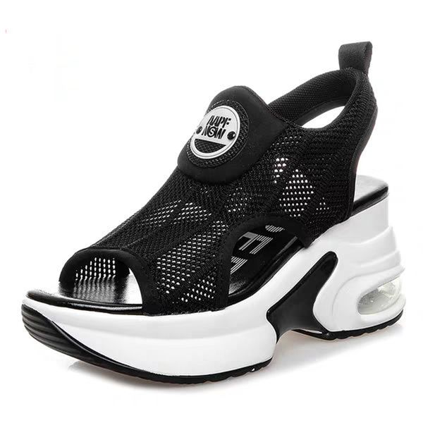 

retro black mesh platform sandals korean peep toe hollow wedges heighten shoes 8cm 2022 summer non-slip air cushion tennis shoes