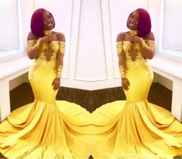 

yellow black girls mermaid prom dresses lace long sleeves backless satin floor length formal party wear evening gowns 8511611
