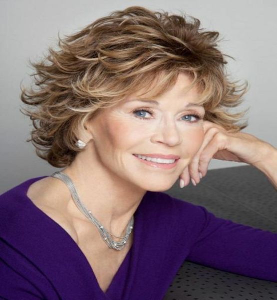 

jane fonda short wavy layered synthetic hair capless wig019179870, Black
