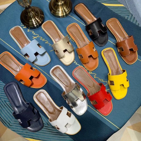 

luxury designer leather ladies sandals summer flat shoes fashion beach women slippers h letter drag 35-42 slides sliders chz, Black