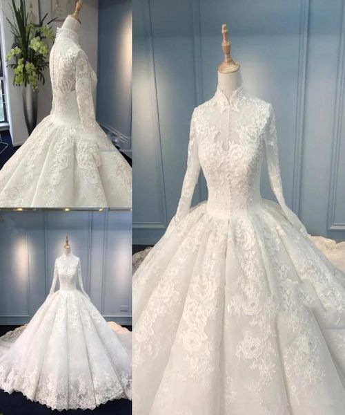 

muslim high neck wedding dresses long sleeve handmade appliques lace ball gown bridal gowns vestido de nova custom plus size5825181, White