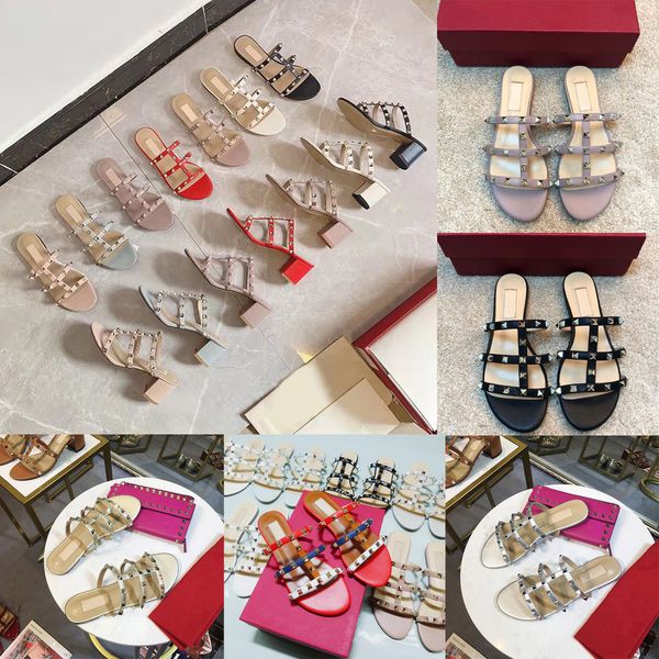 

stud sandals designer rivets flat slippers summer sandels v heels womens shoes 2023 outer beach scuffs women fashionable slipper 35-43 flat-, Black