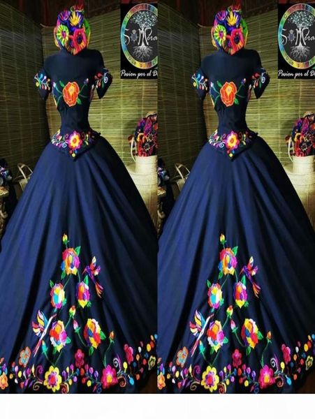 

2021 fashion charro mexico quinceanera dresses navy blue embroidered off the shoulder satin corset back sweet 15 girls prom dress 8583717, Blue;red