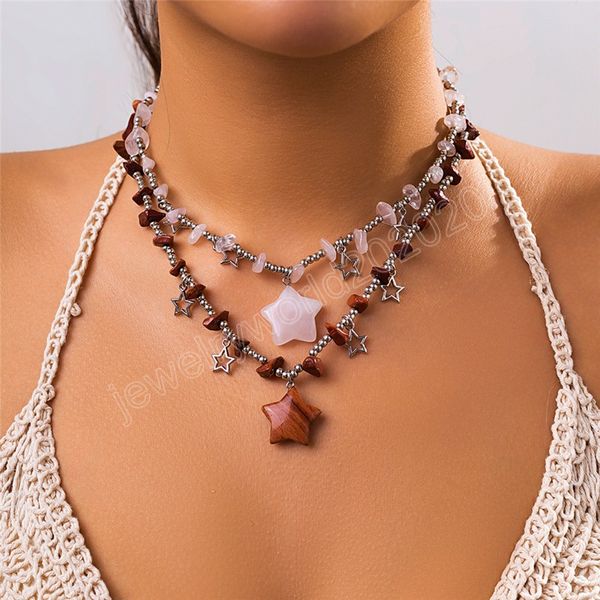 

boho colorful irregular natural stone hollow star pendant choker necklace women summer goth beads chain y2k jewelry accessories, Golden;silver