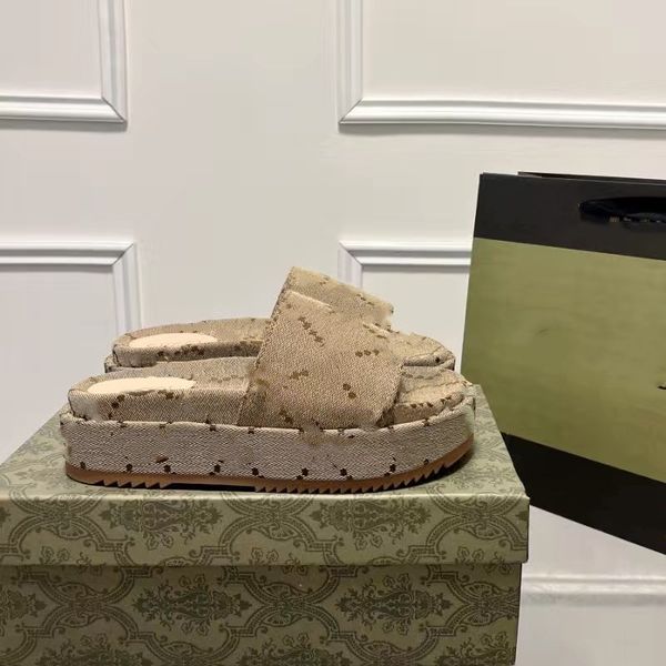 

designer slipper mid-heel rattan jumbo interlocking platform slides sandals luxury mens sandal beach womens shoes xad beige blue canvas summ, Black