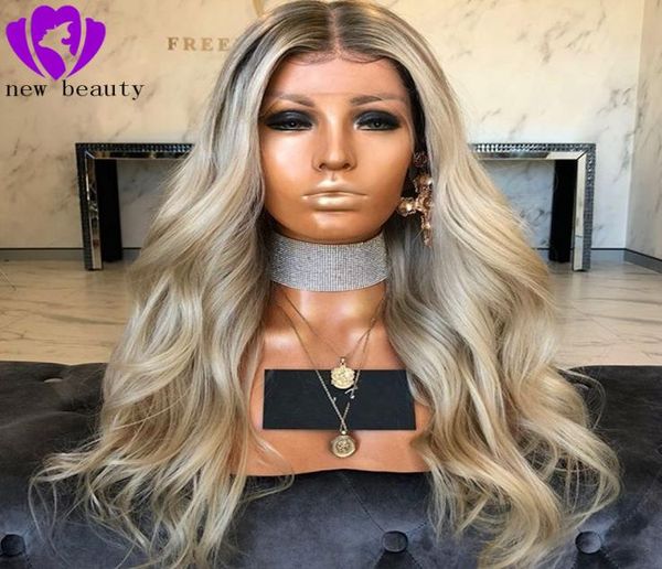 

blonde hair long body wave ombre blonde color lace front wig glueless dark root synthetic lace front wigs1858337, Black