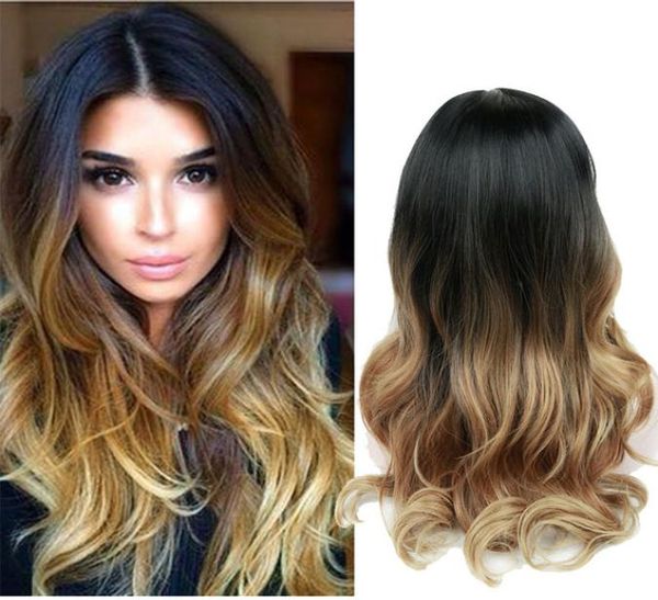 

26inches long ombre brown ash blonde high density temperature synthetic wig for blackwhite women glueless wavy cosplay hair wig4018318, Black