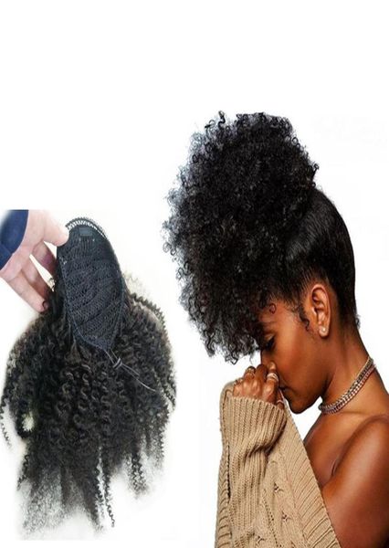 

sell human hair ponytail extensions yaki afro kinky curly ponytail wrap drawstring human hair natural black color with clip in1820065