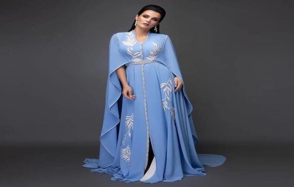 

sky blue 2022 arabic evening dresses vneck light blue white appliques cap sleeve kaftan dubai chiffon caftan prom gown party dres9683792, Black;red