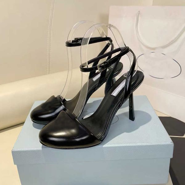 

designer sandals high classic quality womens wedding dress shoes open edge fashion round head slides 100% leather high heel sandals with box, Black