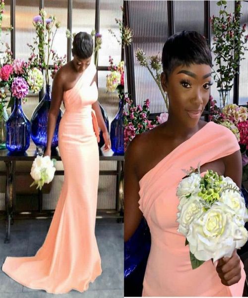 

one shoulder mermaid bridesmaid dresses pleats garden country women wedding guest evening party gowns maif of honor dress plus siz6409597, White;pink