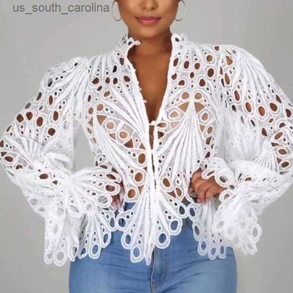 

casual lantern long sleeve stand collar shirts lace hollow out short blouse female elegant red/pink/white loose 18939 l230522