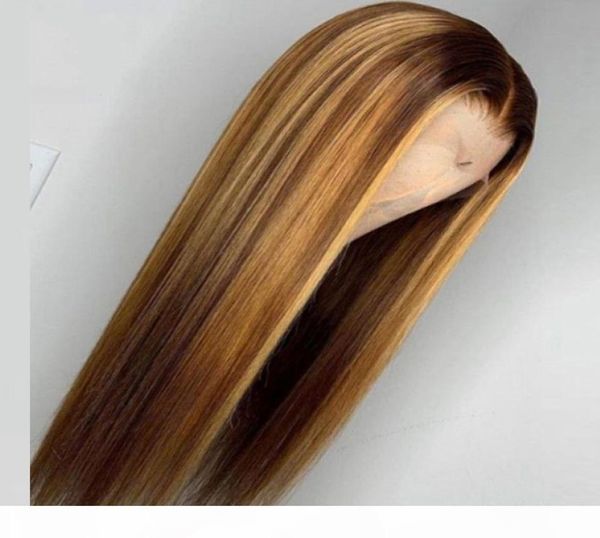 

ombre highlight wig brown honey blonde colored hd whole lace front human hair wigs straight 13x6 middle part lace frontal wig remy8159259, Black;brown