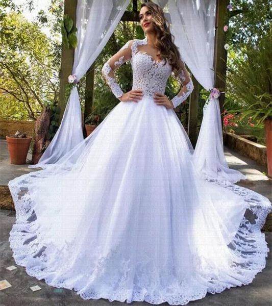

2021 vintage lace princess wedding dresses ball gown illusion bodice elegant long sleeve bridal gowns vestido de noiva9370881, White