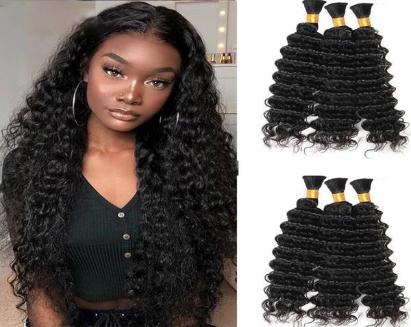 

100 human braiding hair bulk machine made remy deep wave no weft bundles natural hairs extensions3974771, Black