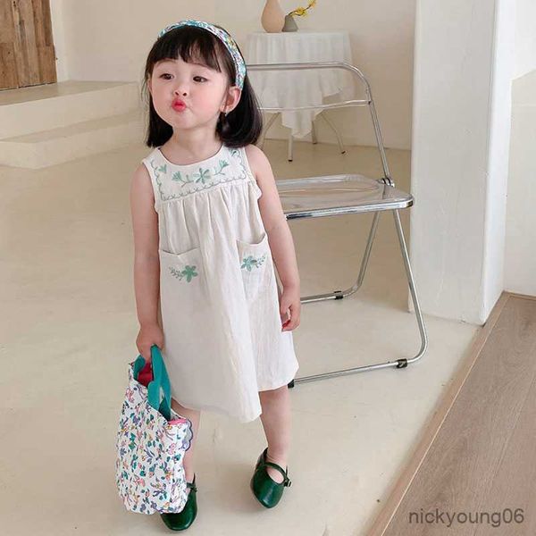 

girl's dresses summer girls' dress pocket embroidered flower vest thin washed cotton baby kids children's clothing for girl r, Red;yellow