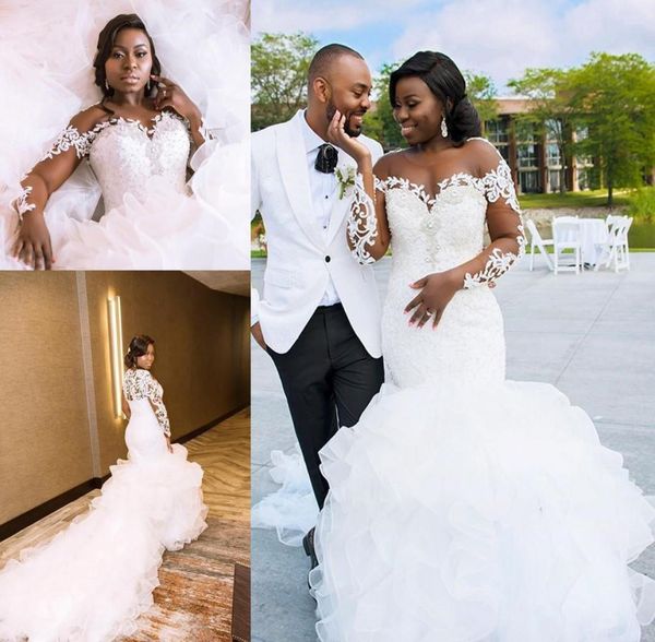 

plus size african mermaid wedding dresses sheer oneck illusion lace applique long sleeve ruffles cathedral train wedding gown9818999, White