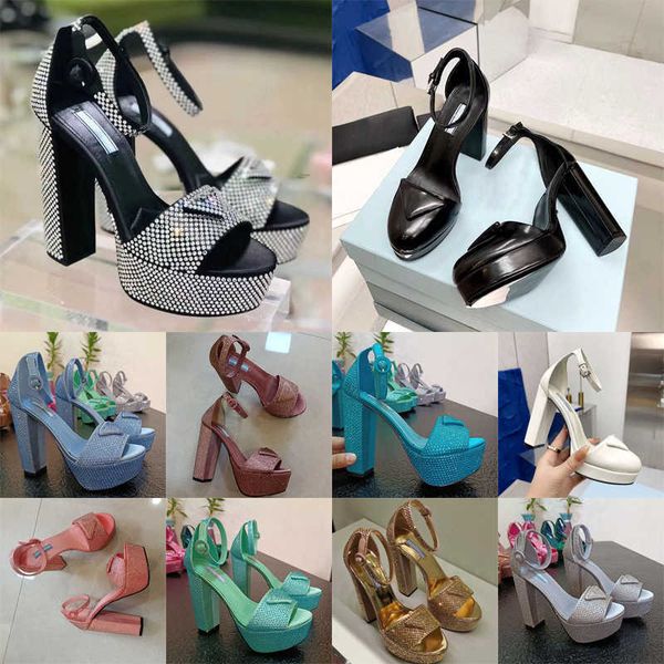 

rhinestone sandals luxury designers womens platform heel dress shoes classic triangle buckle embellished ankle strap 13cm high heeled women, Black