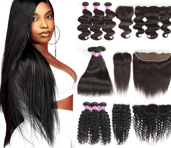 

unprocessed brazilian body wave virgin human hair 3 bundles with frontal water deep kinky curly straight remy hair extensions and 7647623, Black;brown