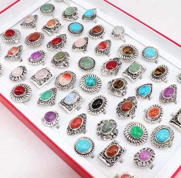 

vintage bohemia colorful geometry stone adjustable open rings jewelry for women party gift flower whole 20pcslots9600849, Golden;silver