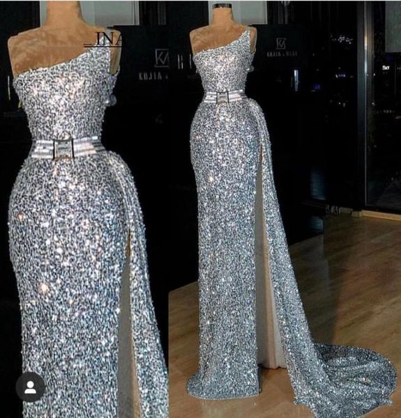 

african silver mermaid prom dresses sequined one shoulder backless high side split party dress special occasion dress evening gown3911145, Black;red