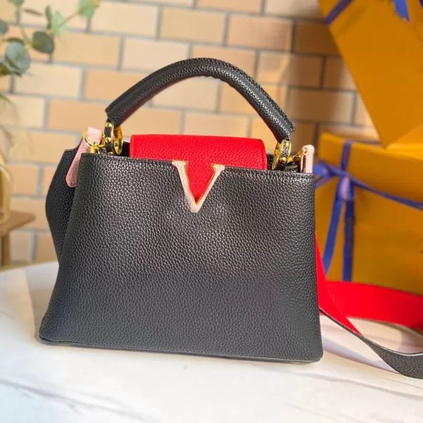 

223 women handbag shoulder crossbody bags grained genuine leather colorblock tote bag removable wide strap classic letter snap hook capucine, Black;red