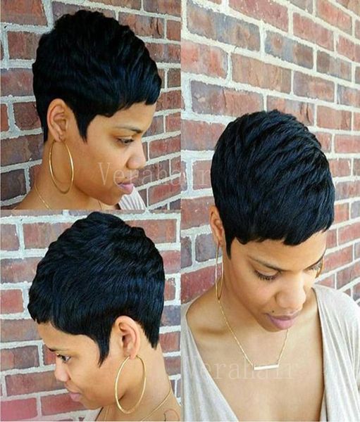 

human short bob cuts full machine made hair none lace wig for black women glueless wig with bangs pixie cut african american wigs6305702, Black;brown