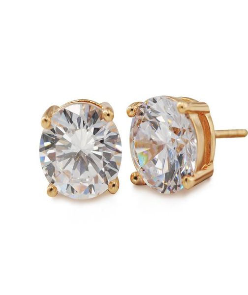 

375e 18k yellow gold plated stud earrings for women round 9x9 mm shinning cubic zirconia made by environmentail copper2774814, Golden;silver