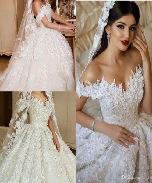 

luxury crystals lace ball gown wedding dresses dubai off shoulder puffy bridal gown vestido de novia sweep train custom made weddi6698959, White