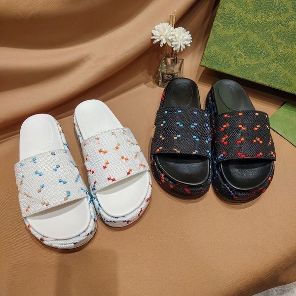 

designer slipper mid-heel rattan jumbo interlocking platform slides sandals luxury mens sandal beach womens shoes xad beige blue canvas summ, Black