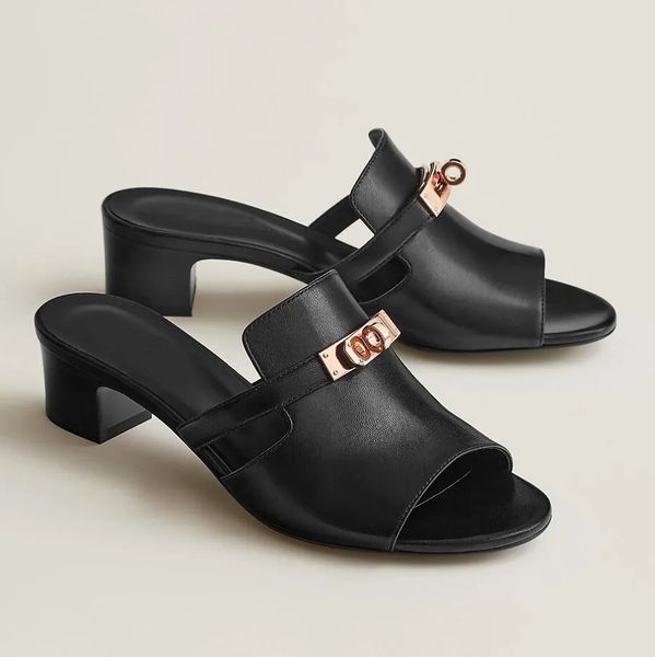 

luxury women candy sandals shoes goatskin permabrass-plated kelly buckle flip flops brown white black slip on lady beach slippers eu35-40