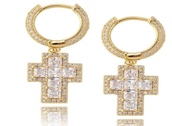 

hip hop square cz stone paved bling ice out cross earring for men women cz earrings male fashion jewelry wjl35449819339, Golden;silver