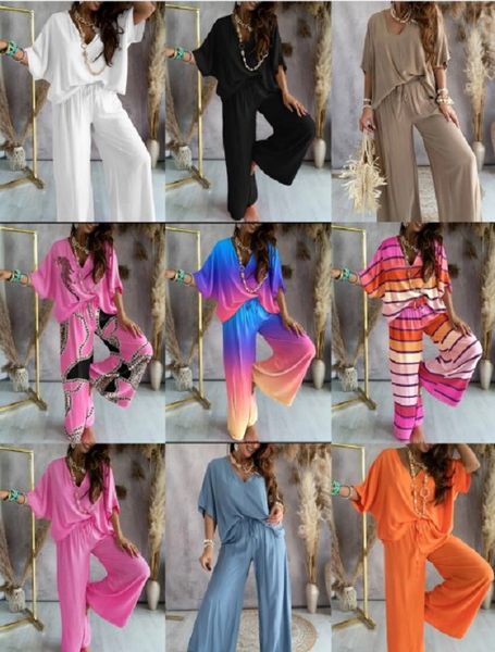 

women's two piece pants spring chain print 2 sets women casual loose v neck batwing sleeve suit elegant summer leopard wide leg pant, White