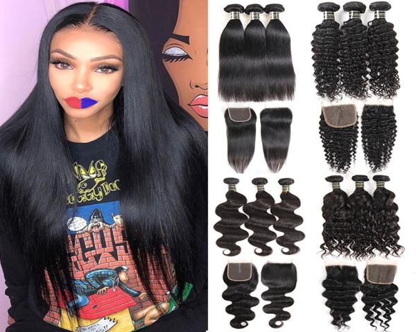 

whole 9a human hair bundles with closure straight body deep water wave brazilian virgin hair 3 4 weave bundles weft with lace 9393577, Black