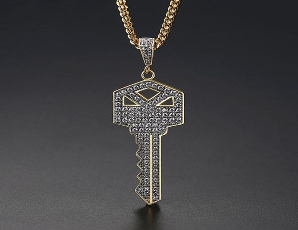 

new men039s key style pendant necklace ice out cubic zircon gold color fashion rock street hip hop jewelry with chain for gift7289463, Silver
