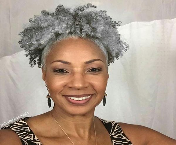 

100 real hair grey hair weave ponytail afro kinky curly clip in gray human drawstring pony tail hair extension for black women 106271892