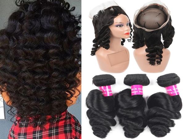 

9a loose wave brazilian hair bundles with 360 full lace closure deep water wave loose straight body human hair with 360 full lace 1940759, Black
